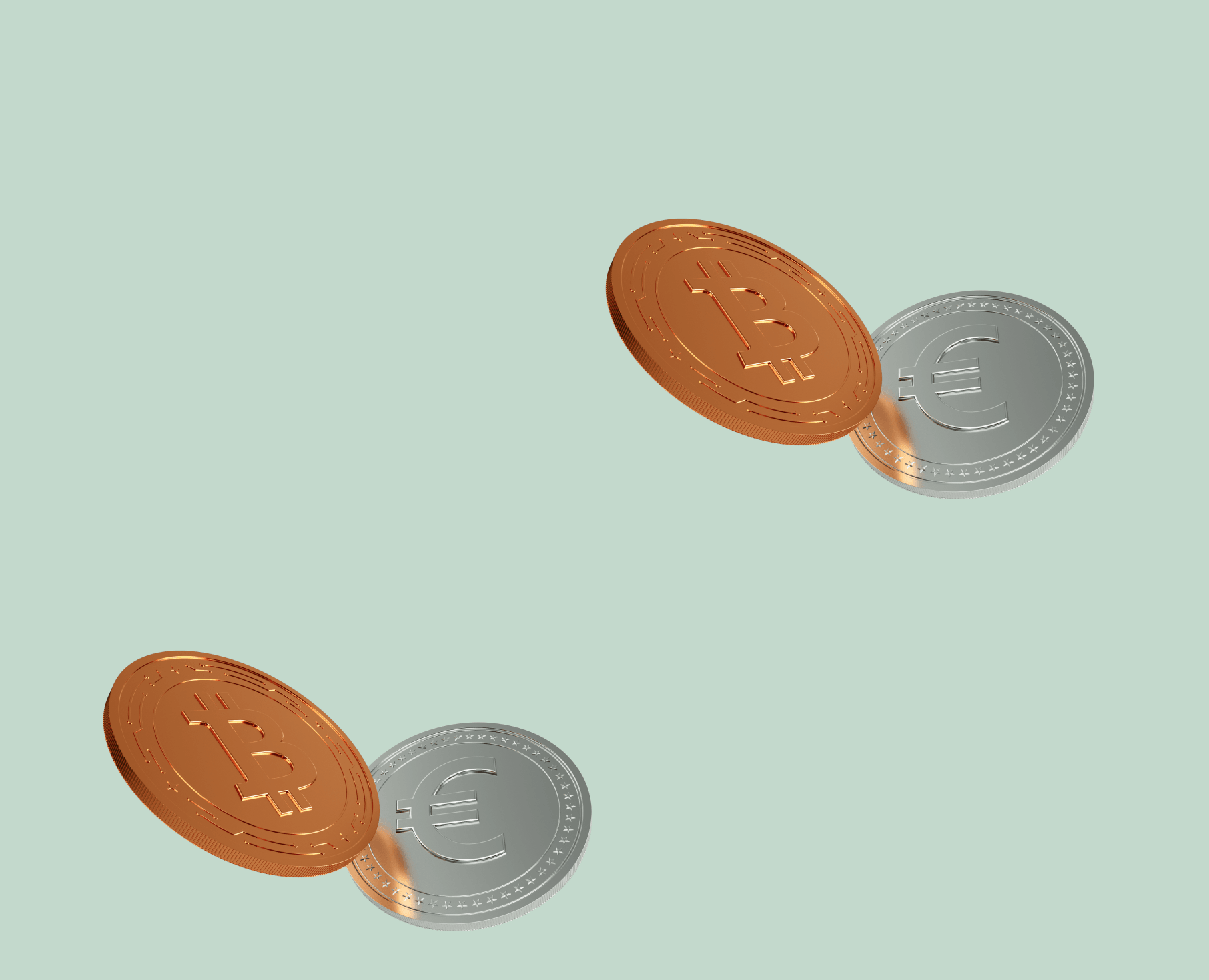 Dos pares de monedas, una de bitcoin y una de euro, flotan sobre un fondo verde